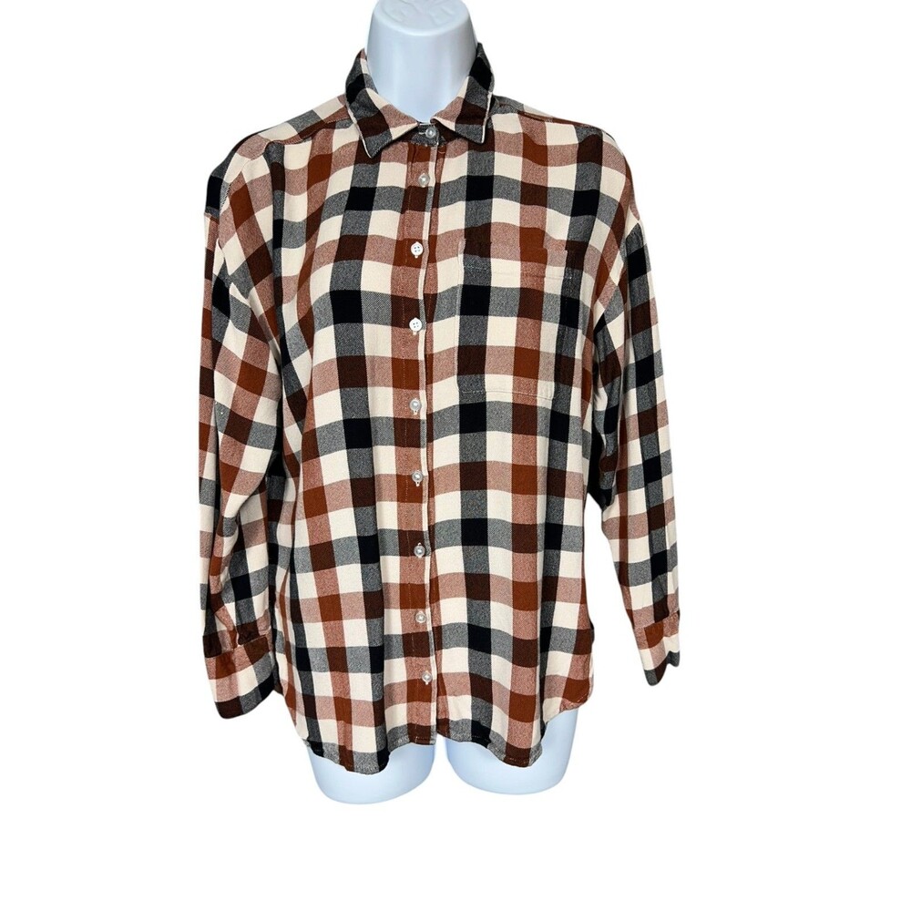 LOFT Women's XS Brown Black Plaid Viscose Button Down Shirt Blouse Top